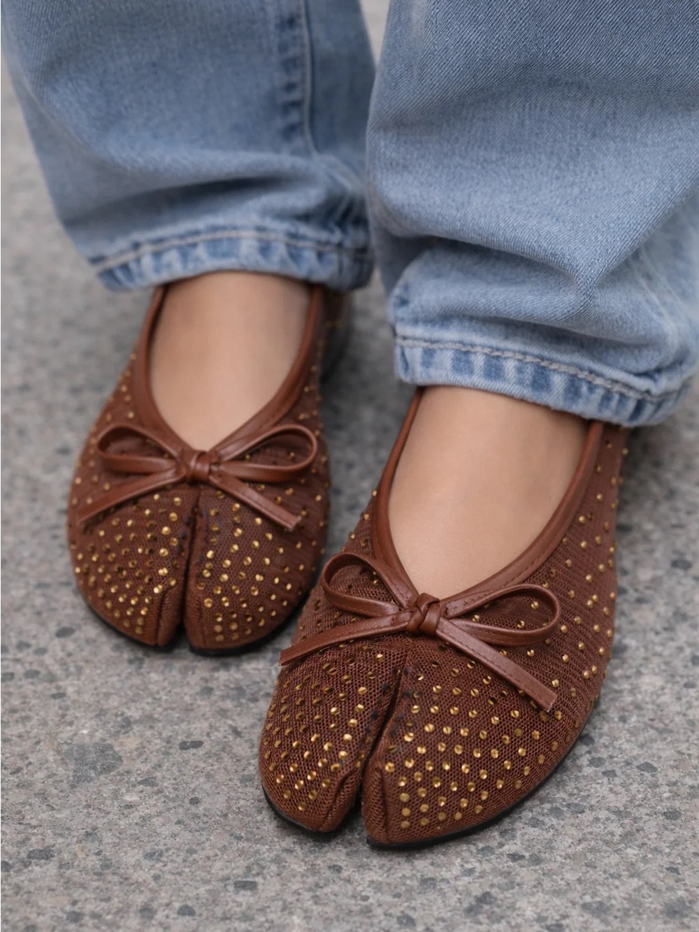 Brown Rhinestone Split-Toe Ballet Flats